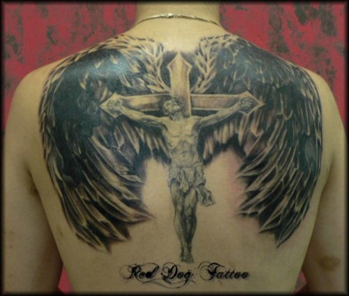 Back Body Black And White Angel Tattoo